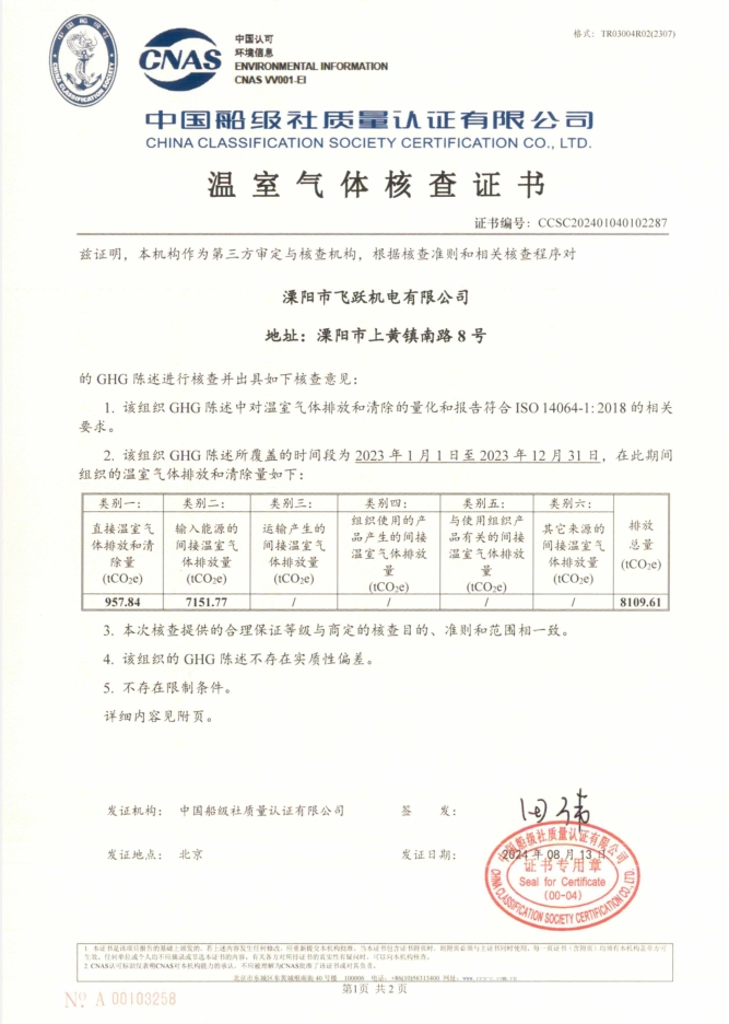 啓東市石力機電有限公司碳核查報(bào)告和(hé)溫室氣體(tǐ)核查證書(shū)公示